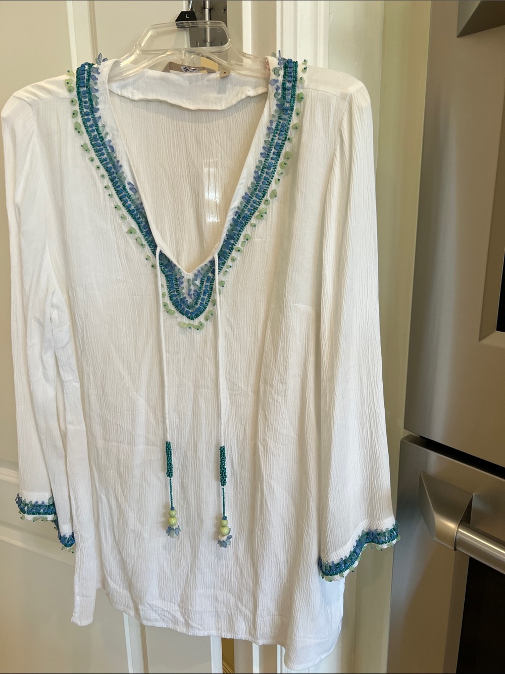 Soft Surroundings White Tunic with Blue and Green Beaded Trim